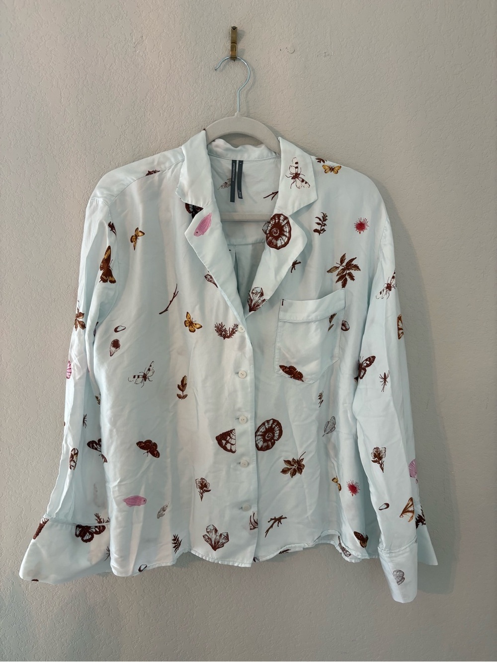 Anthropologie Long Sleeve Sea Shells Silky PJ Top Small Blouse Button Front - Picture 2 of 8
